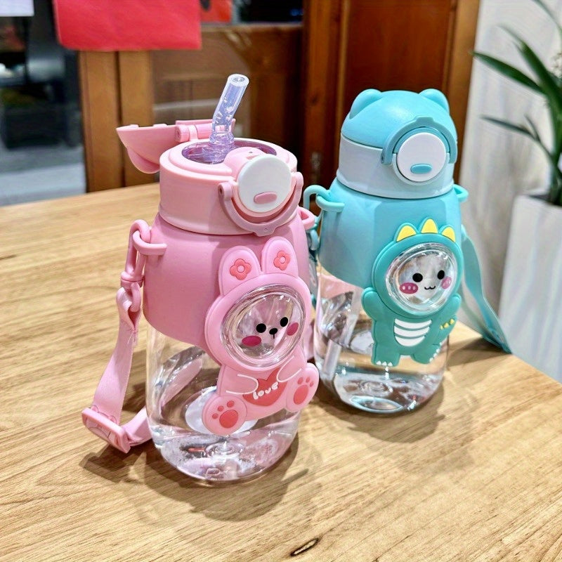 Cute cartoon water bottle with straw, leak-proof flap and ideal for outdoor activities, travel and fitness. Hand wash only.