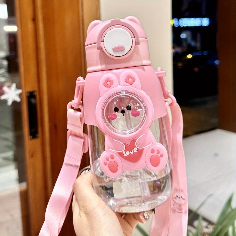 Cute cartoon water bottle with straw, leak-proof flap and ideal for outdoor activities, travel and fitness. Hand wash only.