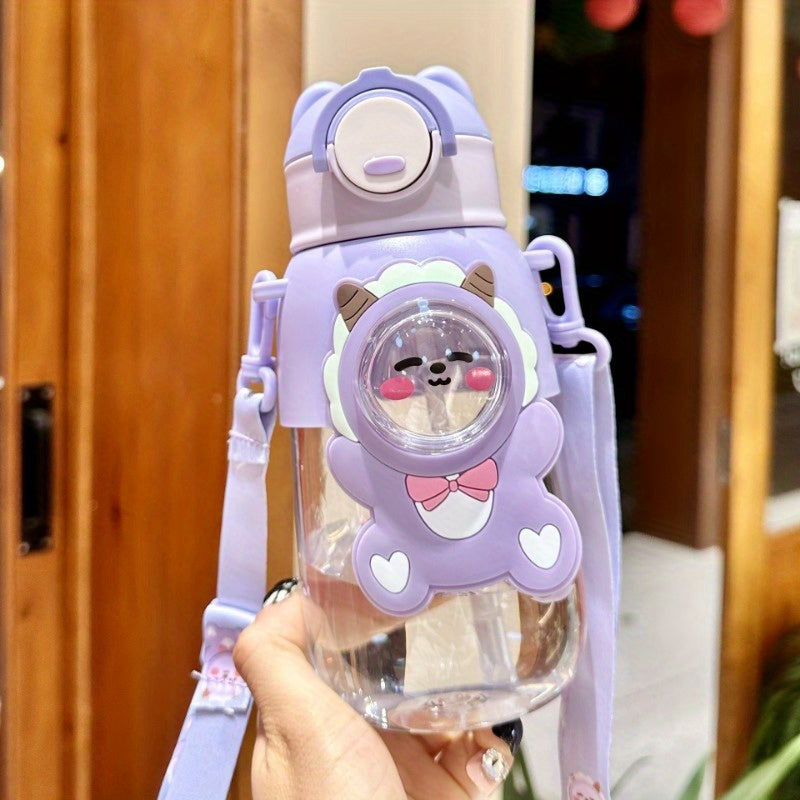 Cute cartoon water bottle with straw, leak-proof flap and ideal for outdoor activities, travel and fitness. Hand wash only.