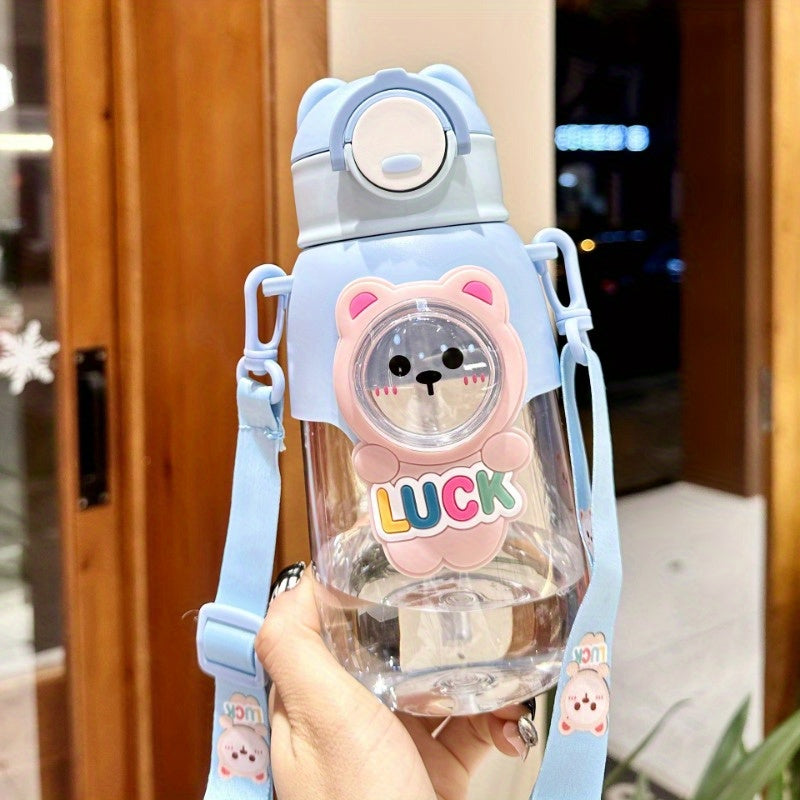 Cute cartoon water bottle with straw, leak-proof flap and ideal for outdoor activities, travel and fitness. Hand wash only.