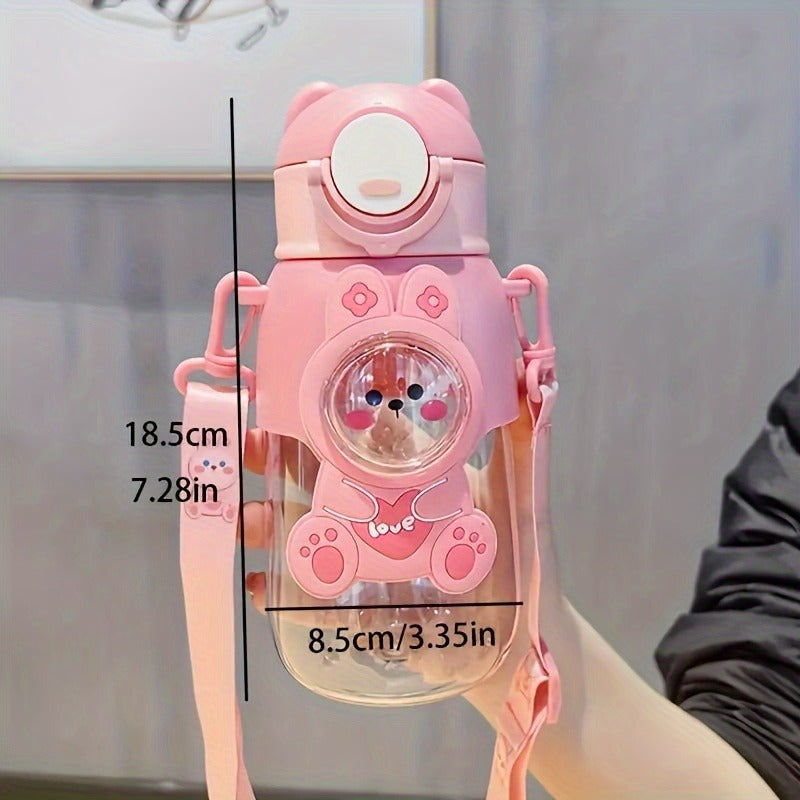 Cute cartoon water bottle with straw, leak-proof flap and ideal for outdoor activities, travel and fitness. Hand wash only.