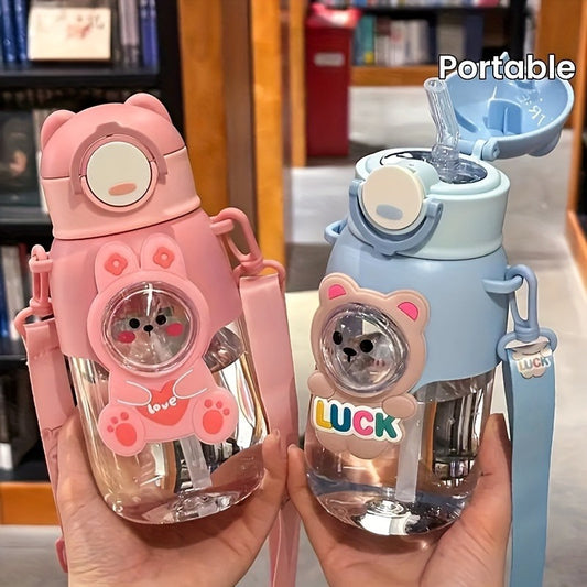 Cute cartoon water bottle with straw, leak-proof flap and ideal for outdoor activities, travel and fitness. Hand wash only.