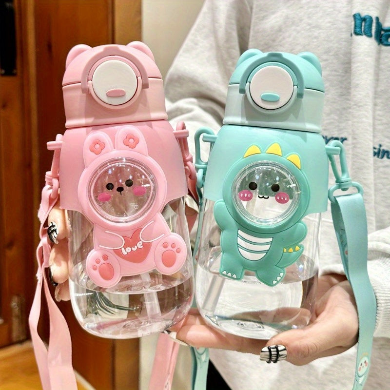 Cute cartoon water bottle with straw, leak-proof flap and ideal for outdoor activities, travel and fitness. Hand wash only.