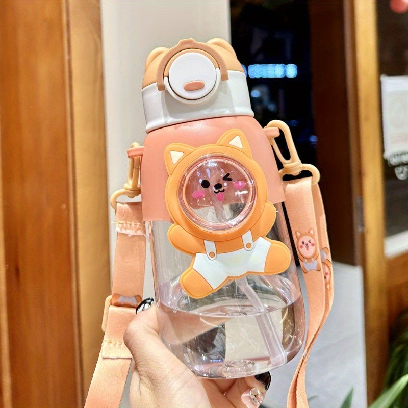 Cute cartoon water bottle with straw, leak-proof flap and ideal for outdoor activities, travel and fitness. Hand wash only.