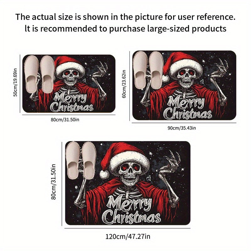 Festive Christmas Skull Doormat - This Machine Washable Polyester Holiday Mat Features Non-Slip Backing, Low Pile, Fade Resistance, and is Perfect for Adding a Touch of Gothic Humor to Your Home Entrance, Bedroom, or Living Room