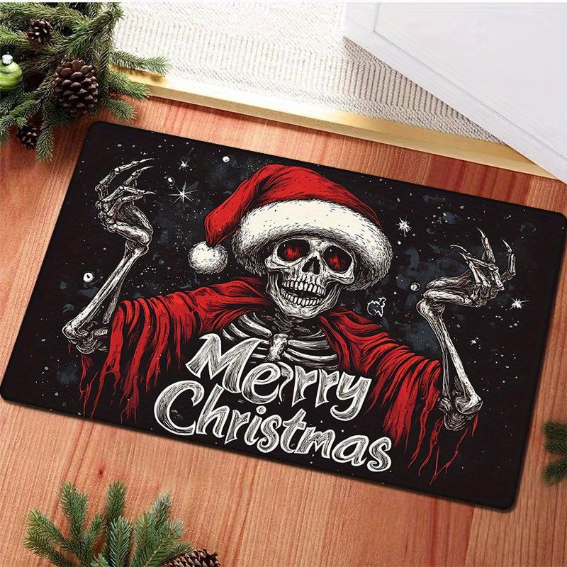 Festive Christmas Skull Doormat - This Machine Washable Polyester Holiday Mat Features Non-Slip Backing, Low Pile, Fade Resistance, and is Perfect for Adding a Touch of Gothic Humor to Your Home Entrance, Bedroom, or Living Room