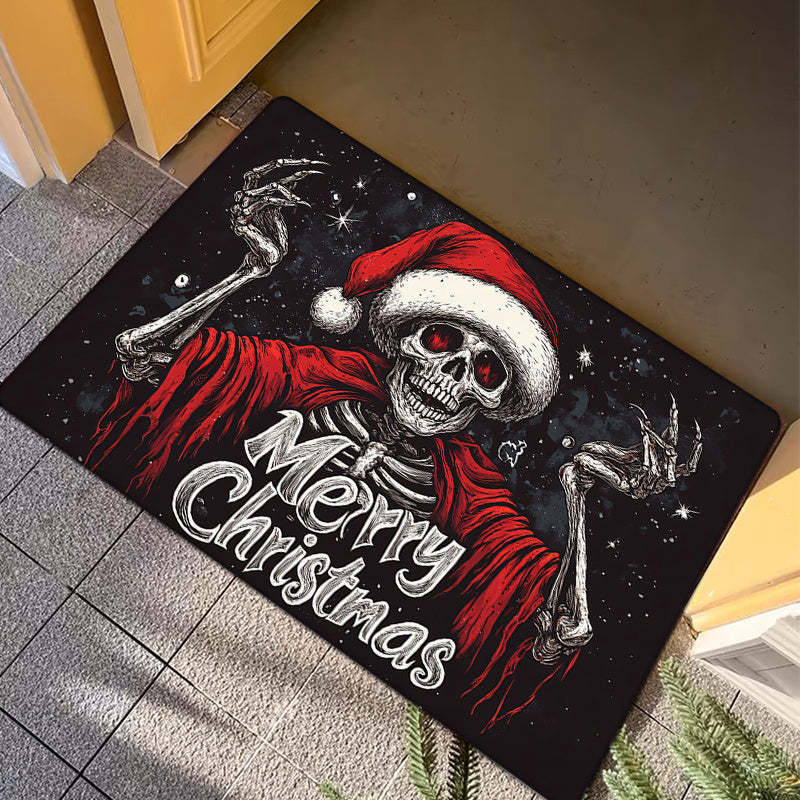 Festive Christmas Skull Doormat - This Machine Washable Polyester Holiday Mat Features Non-Slip Backing, Low Pile, Fade Resistance, and is Perfect for Adding a Touch of Gothic Humor to Your Home Entrance, Bedroom, or Living Room