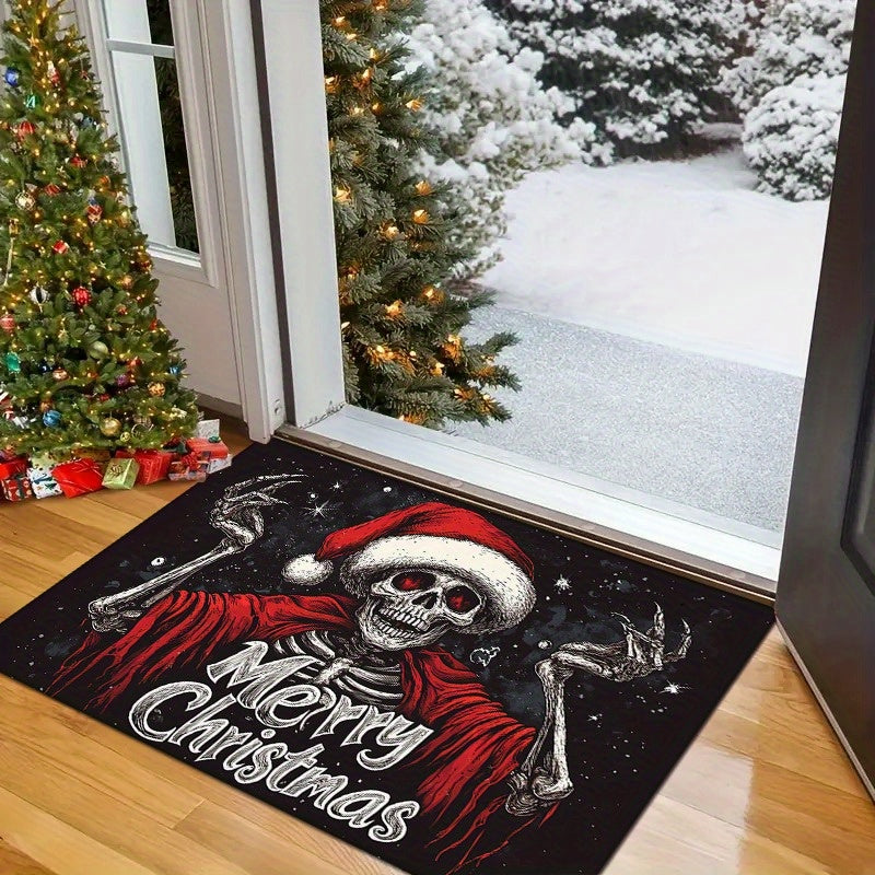 Festive Christmas Skull Doormat - This Machine Washable Polyester Holiday Mat Features Non-Slip Backing, Low Pile, Fade Resistance, and is Perfect for Adding a Touch of Gothic Humor to Your Home Entrance, Bedroom, or Living Room