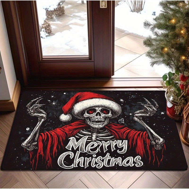 Festive Christmas Skull Doormat - This Machine Washable Polyester Holiday Mat Features Non-Slip Backing, Low Pile, Fade Resistance, and is Perfect for Adding a Touch of Gothic Humor to Your Home Entrance, Bedroom, or Living Room