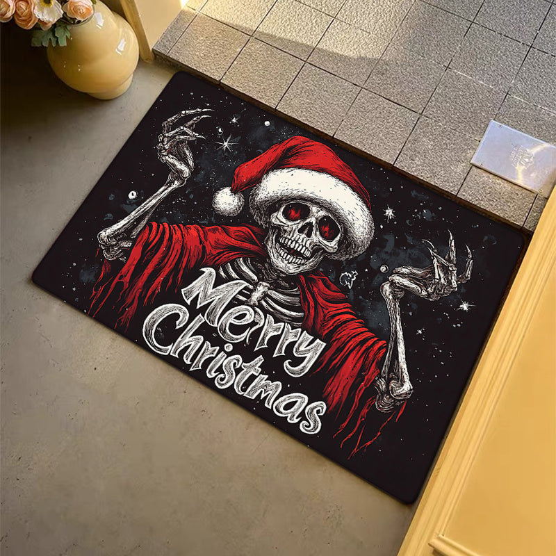 Festive Christmas Skull Doormat - This Machine Washable Polyester Holiday Mat Features Non-Slip Backing, Low Pile, Fade Resistance, and is Perfect for Adding a Touch of Gothic Humor to Your Home Entrance, Bedroom, or Living Room