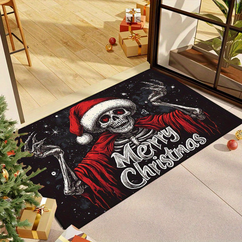 Festive Christmas Skull Doormat - This Machine Washable Polyester Holiday Mat Features Non-Slip Backing, Low Pile, Fade Resistance, and is Perfect for Adding a Touch of Gothic Humor to Your Home Entrance, Bedroom, or Living Room