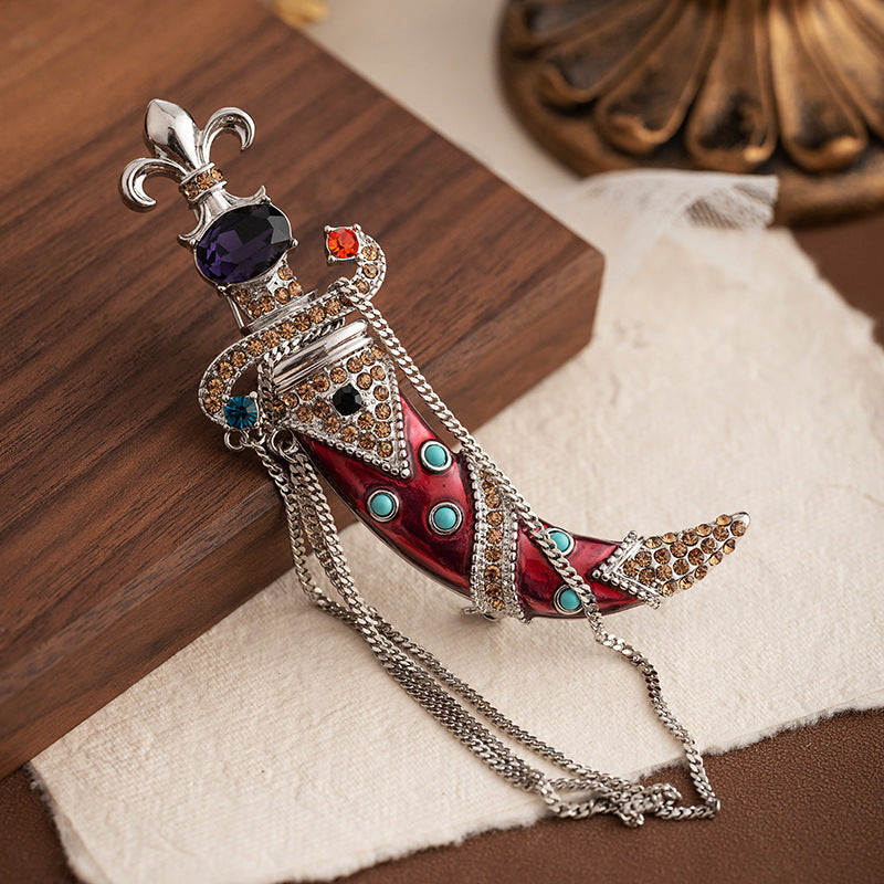 Stylish Antique Scimitar Dagger Brooch Pin embellished with Rhinestones - Sophisticated Court-inspired Accessory for Women, Trending, Perfect for Corsages and Unique Style Accessories.