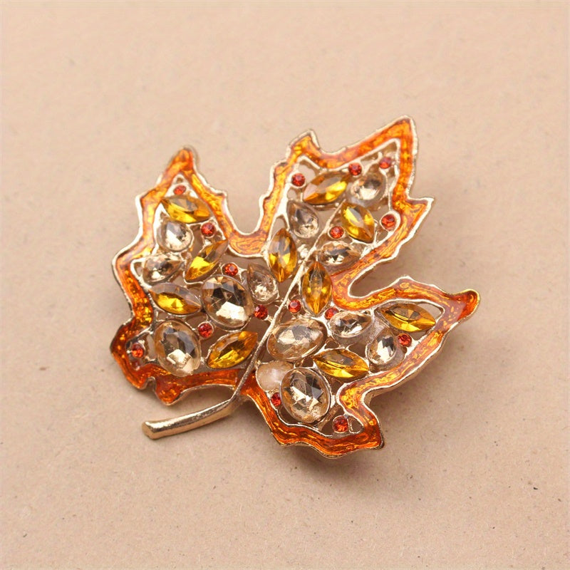 Luxurious Maple Leaf Brooch Pin with Vintage-Inspired Design, Rhinestones, and Hollow Alloy Plant Detail - A Unique Fashion Accessory