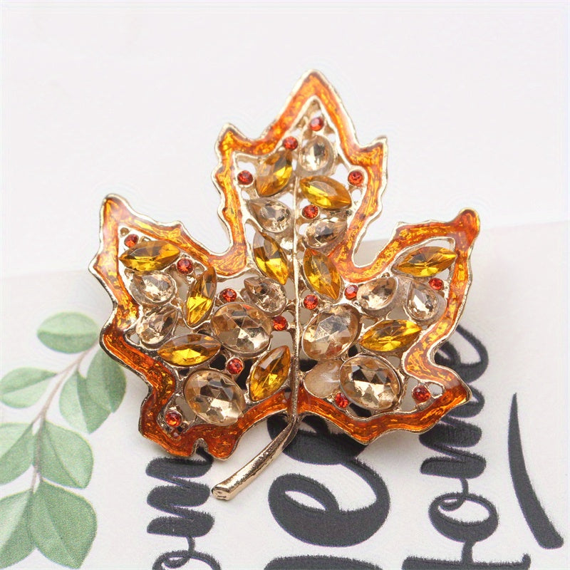 Luxurious Maple Leaf Brooch Pin with Vintage-Inspired Design, Rhinestones, and Hollow Alloy Plant Detail - A Unique Fashion Accessory