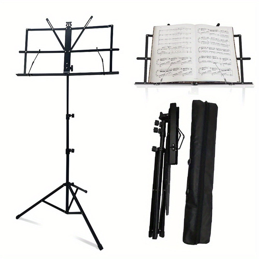 Durable black music stand with adjustable height and portable folding design. Includes carry bag.