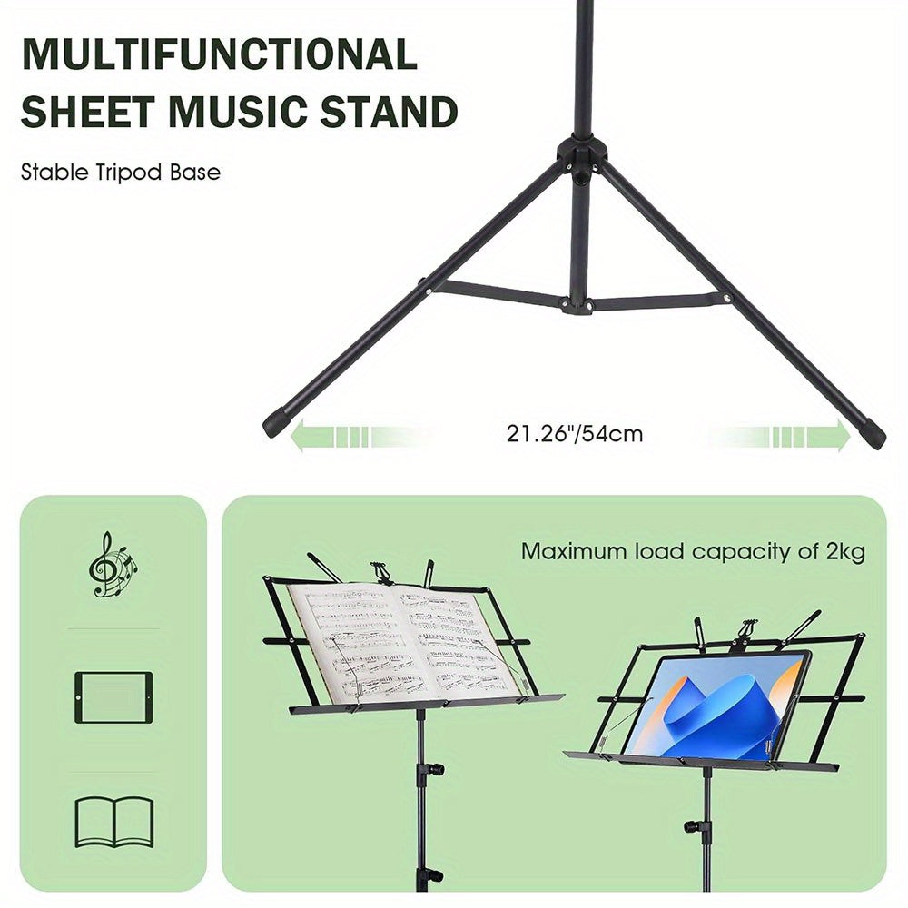 Durable black music stand with adjustable height and portable folding design. Includes carry bag.