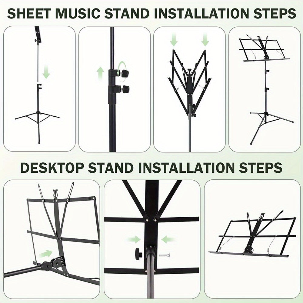 Durable black music stand with adjustable height and portable folding design. Includes carry bag.