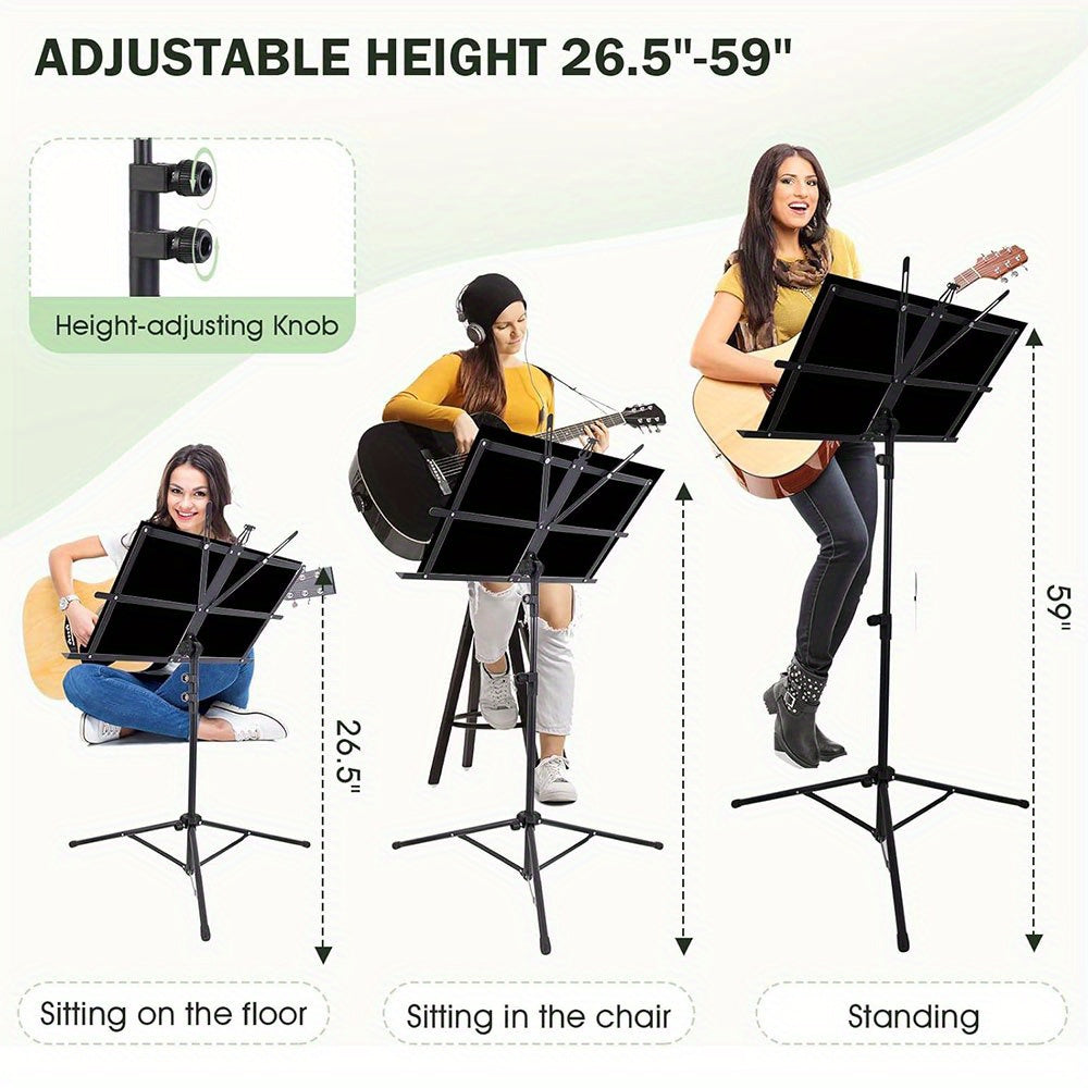 Durable black music stand with adjustable height and portable folding design. Includes carry bag.