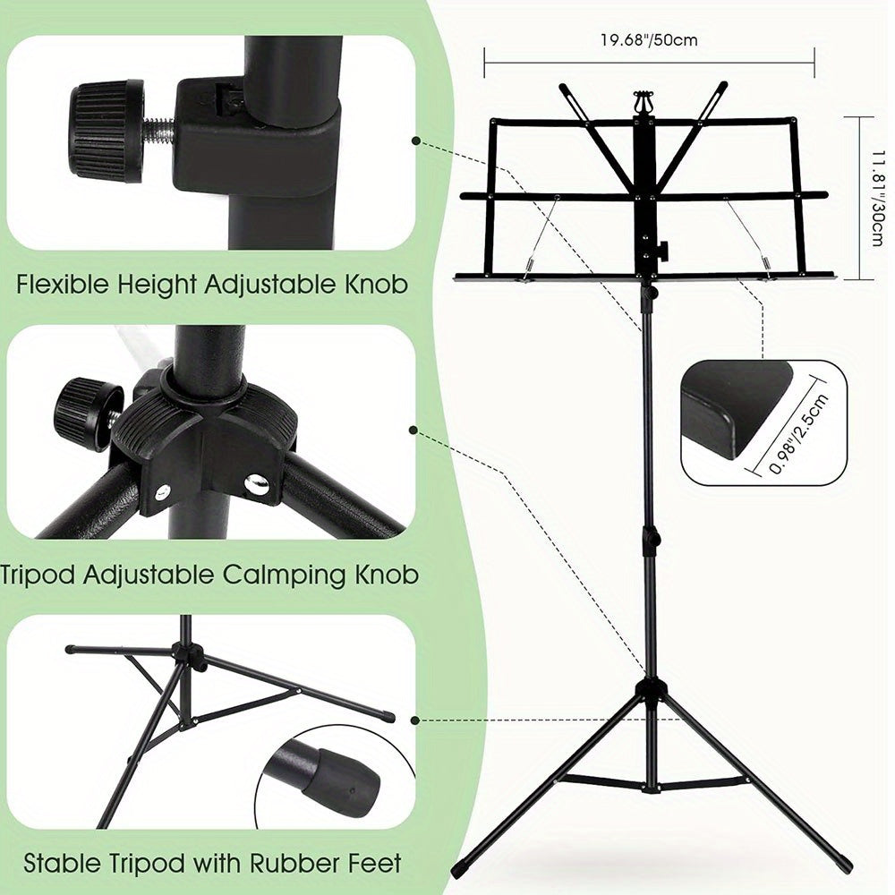 Durable black music stand with adjustable height and portable folding design. Includes carry bag.