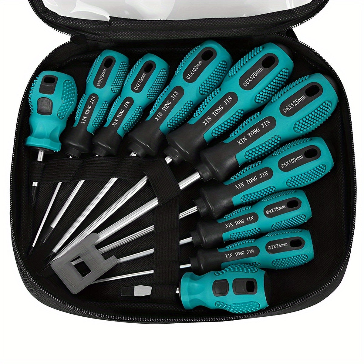 10-piece magnetic screwdriver set with steel construction, comfort-grip handle, precision control, and heavy-duty design for DIY, home, auto, computer repair. Includes flat, round, and