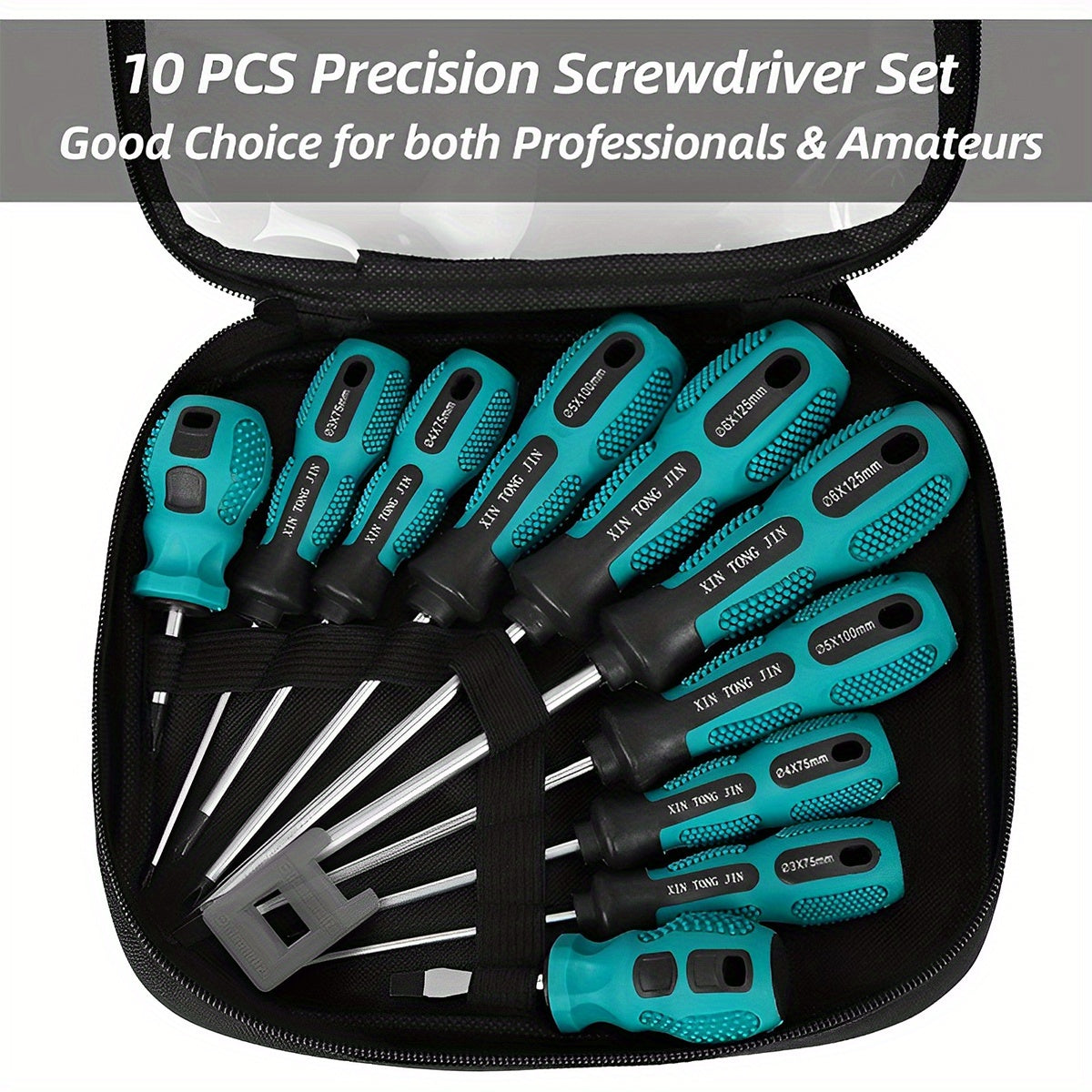 10-piece magnetic screwdriver set with steel construction, comfort-grip handle, precision control, and heavy-duty design for DIY, home, auto, computer repair. Includes flat, round, and