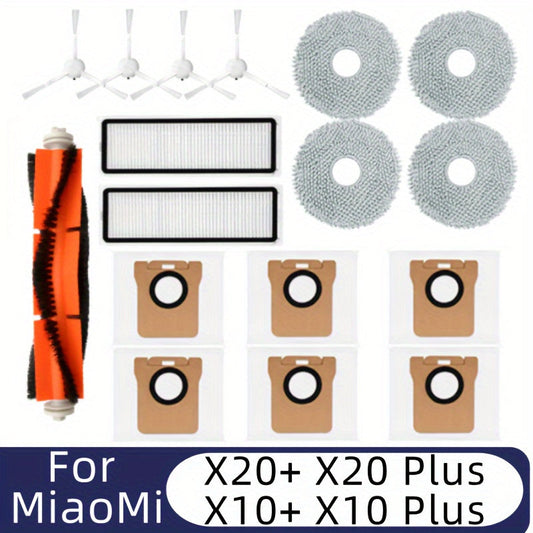 One set of Robot Vacuum Cleaner Accessory Kit for Xiaomi X10+/ X20+ - Includes Roller Brush, Side Brush, Filter, Mop Pads, and Dust Bags.