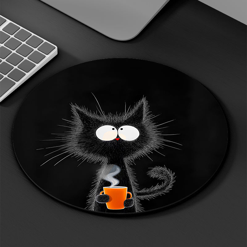 Black Cat with Orange Cup Design Mouse Pad - Durable, Waterproof, Non-Slip Mat for Office & Gaming. Perfect Desk Pad for Gamers and Professionals, with Whimsical Design and Waterproof