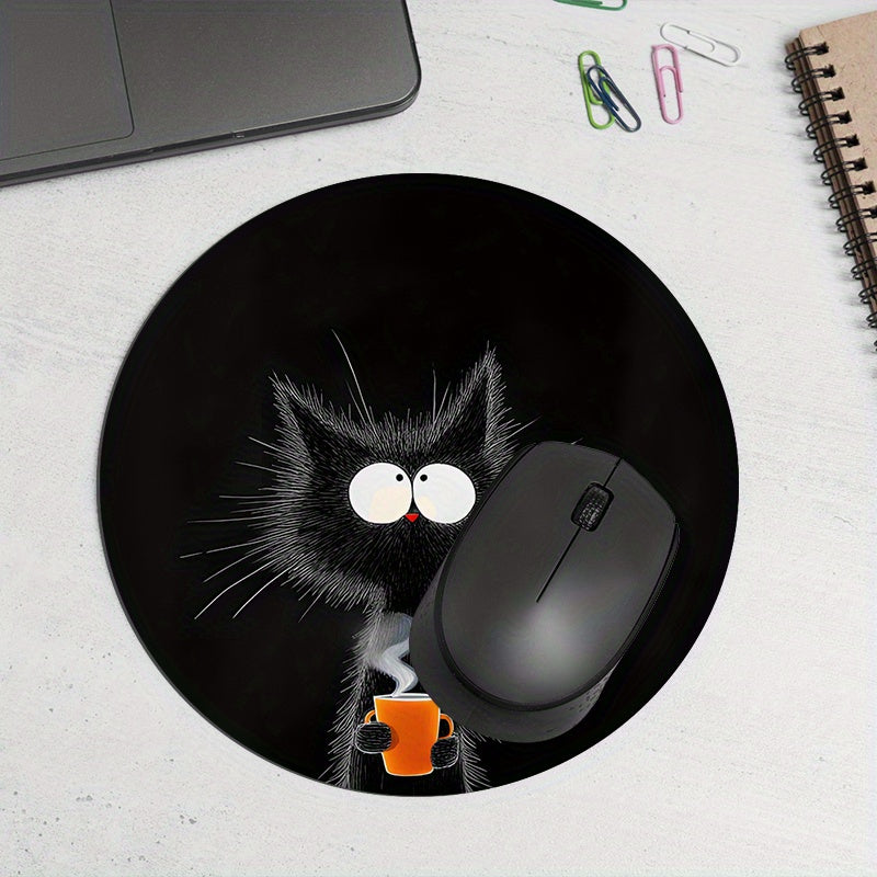 Black Cat with Orange Cup Design Mouse Pad - Durable, Waterproof, Non-Slip Mat for Office & Gaming. Perfect Desk Pad for Gamers and Professionals, with Whimsical Design and Waterproof