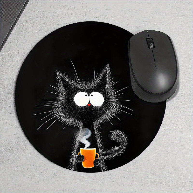 Black Cat with Orange Cup Design Mouse Pad - Durable, Waterproof, Non-Slip Mat for Office & Gaming. Perfect Desk Pad for Gamers and Professionals, with Whimsical Design and Waterproof