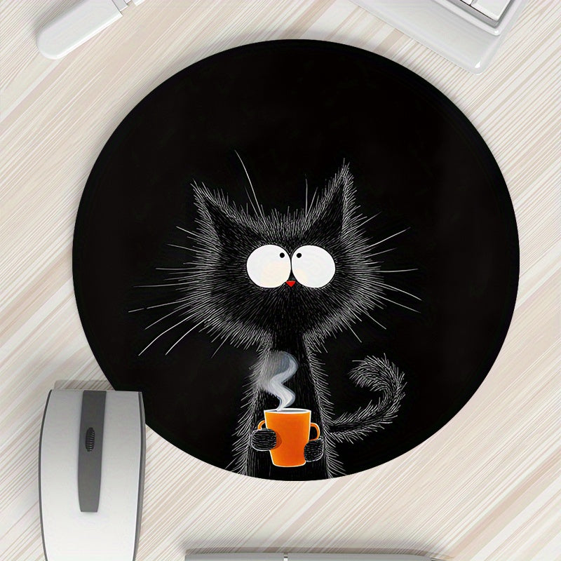 Black Cat with Orange Cup Design Mouse Pad - Durable, Waterproof, Non-Slip Mat for Office & Gaming. Perfect Desk Pad for Gamers and Professionals, with Whimsical Design and Waterproof