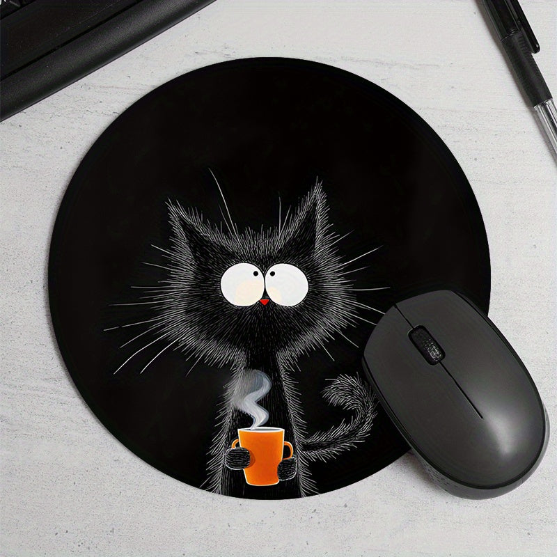 Black Cat with Orange Cup Design Mouse Pad - Durable, Waterproof, Non-Slip Mat for Office & Gaming. Perfect Desk Pad for Gamers and Professionals, with Whimsical Design and Waterproof