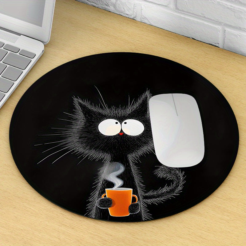 Black Cat with Orange Cup Design Mouse Pad - Durable, Waterproof, Non-Slip Mat for Office & Gaming. Perfect Desk Pad for Gamers and Professionals, with Whimsical Design and Waterproof