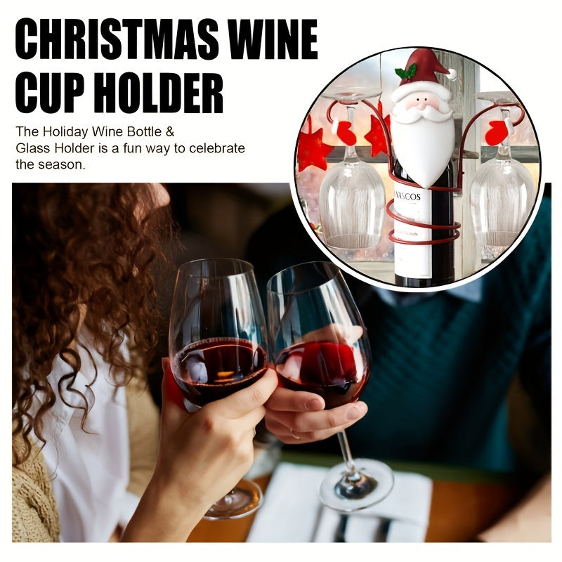 Festive Christmas wine bottle and glass holder set featuring Santa and Snowman designs. Ideal for holiday table displays, dining decor, and gifting.