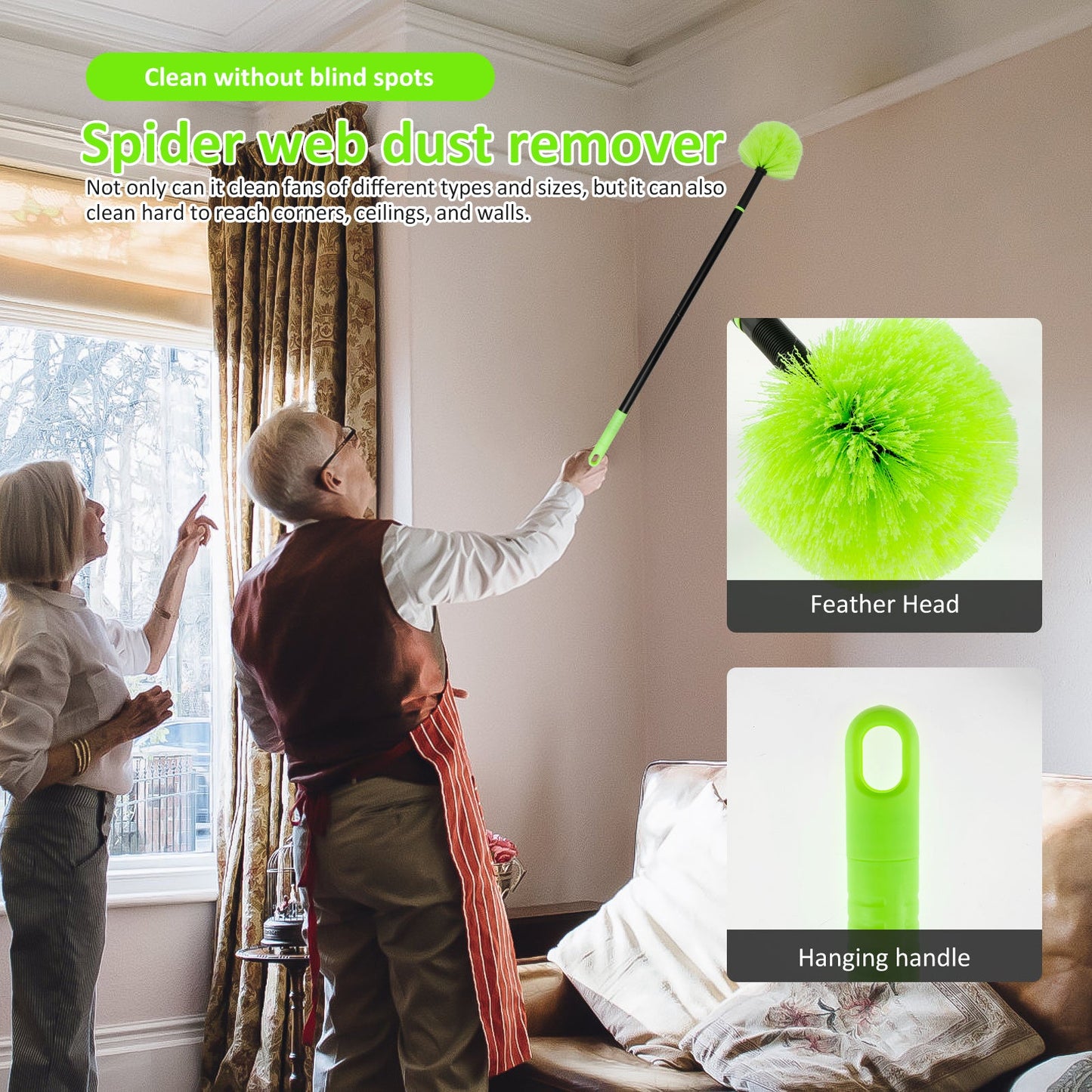 Telescopic Pole Feather Duster - Extendable Design for Reaching High Ceilings, Corners, and Furniture. Multi-Functional Dust Cleaner for Indoor and Outdoor Use, Perfect for Removing Spider Webs. Includes Long Reach Cleaning Kit. No Electricity Needed.