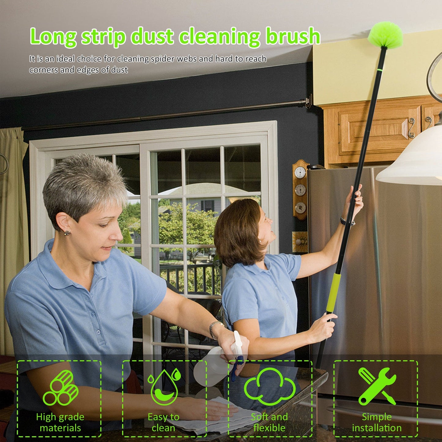 Telescopic Pole Feather Duster - Extendable Design for Reaching High Ceilings, Corners, and Furniture. Multi-Functional Dust Cleaner for Indoor and Outdoor Use, Perfect for Removing Spider Webs. Includes Long Reach Cleaning Kit. No Electricity Needed.