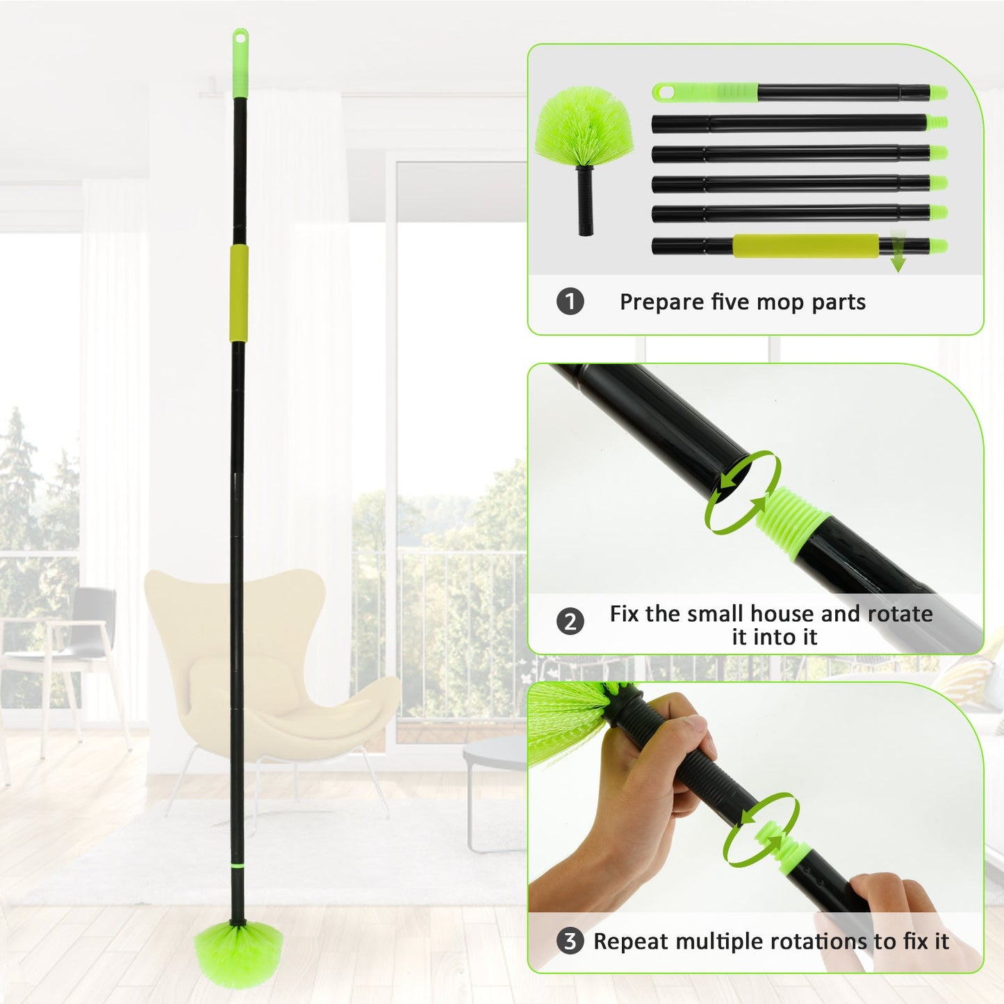 Telescopic Pole Feather Duster - Extendable Design for Reaching High Ceilings, Corners, and Furniture. Multi-Functional Dust Cleaner for Indoor and Outdoor Use, Perfect for Removing Spider Webs. Includes Long Reach Cleaning Kit. No Electricity Needed.