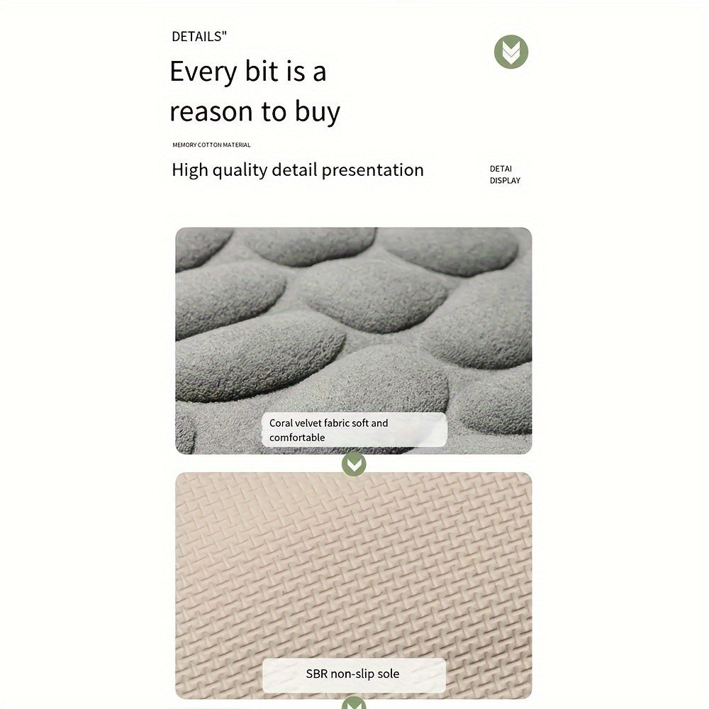 Memory foam bath rug with cobblestone design, ultra-absorbent and anti-slip for home and hotel use. Made of soft coral fleece, this bathroom rug is both practical and stylish.