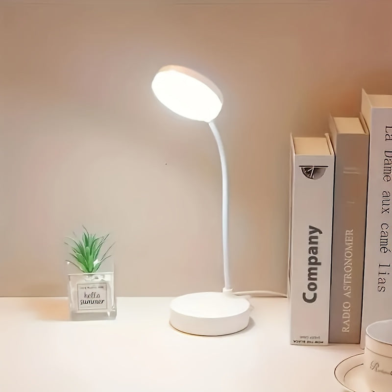 Adjustable USB-powered LED desk lamp with 3-level dimmer for eye-friendly lighting.