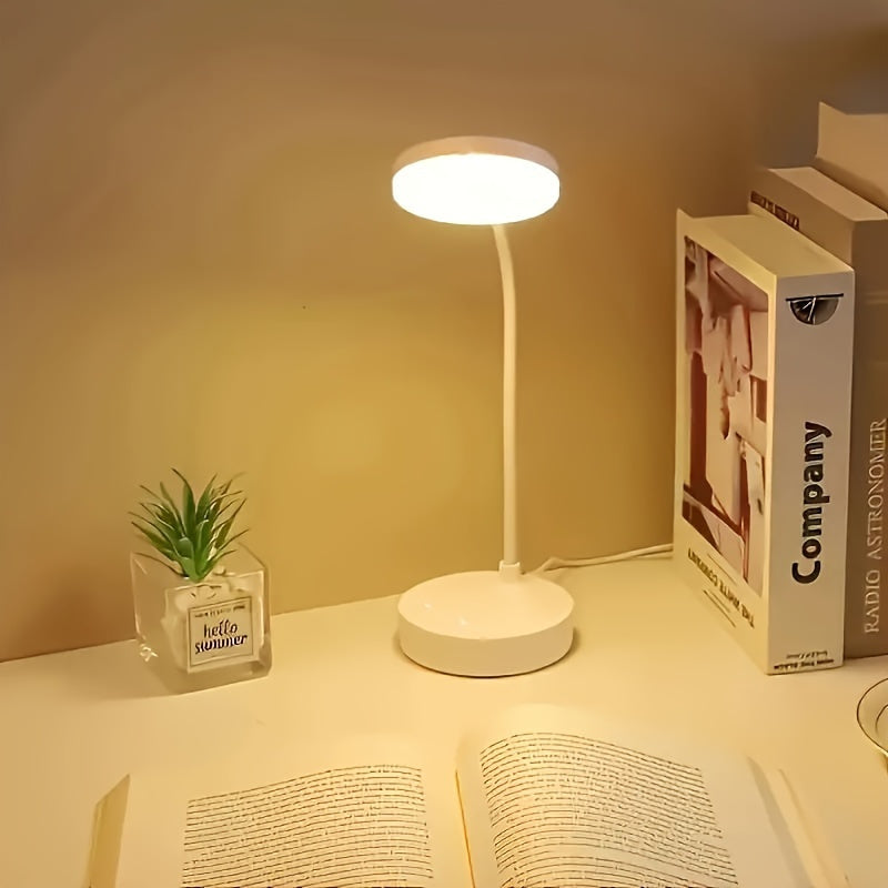 Adjustable USB-powered LED desk lamp with 3-level dimmer for eye-friendly lighting.