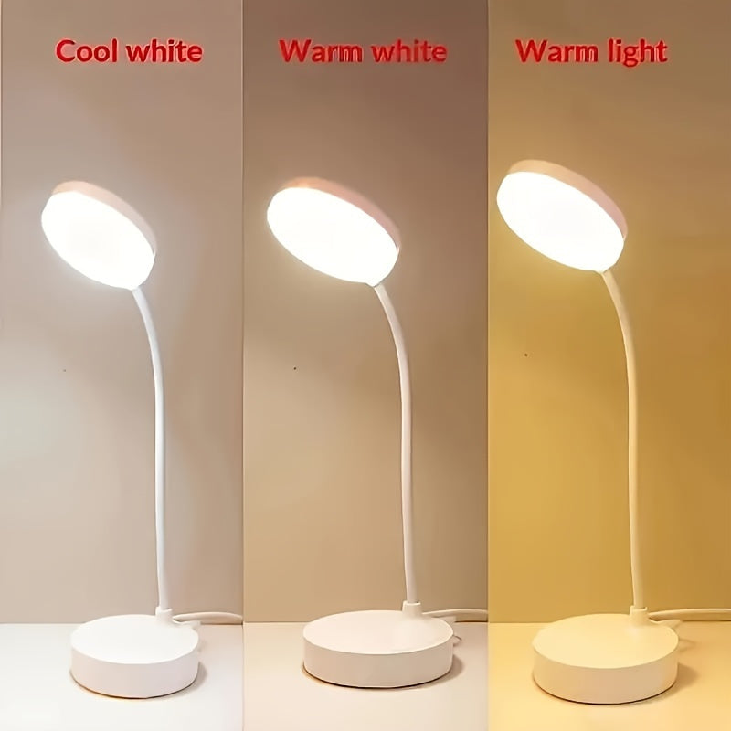 Adjustable USB-powered LED desk lamp with 3-level dimmer for eye-friendly lighting.