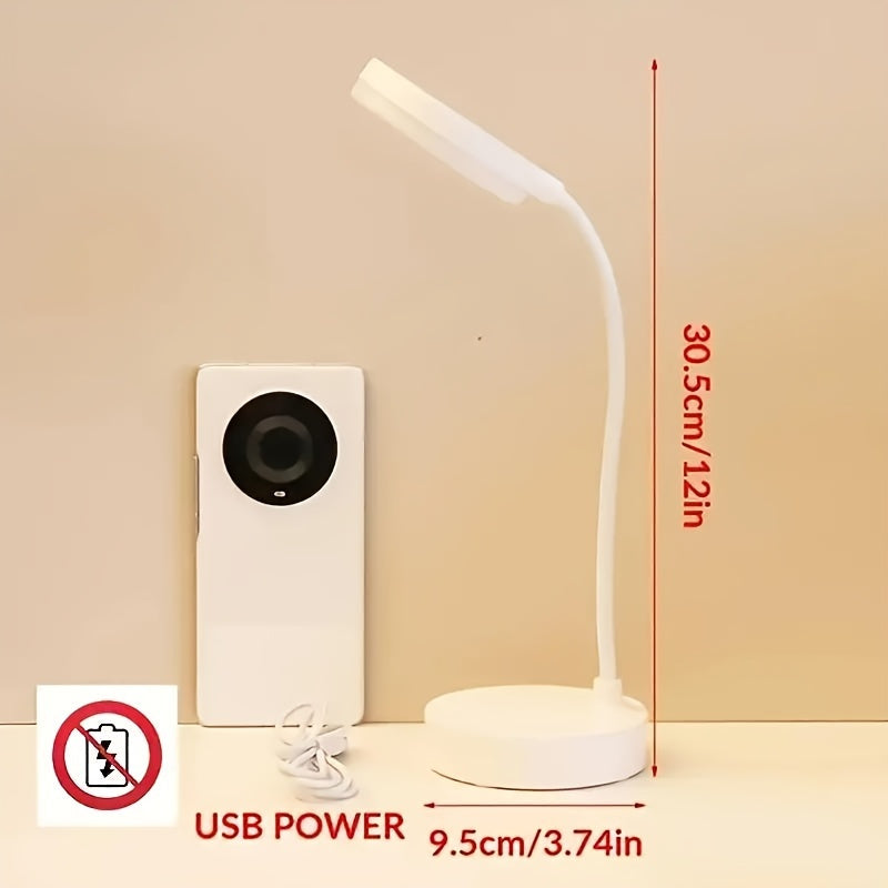 Adjustable USB-powered LED desk lamp with 3-level dimmer for eye-friendly lighting.