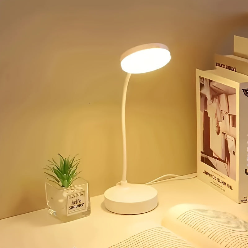 Adjustable USB-powered LED desk lamp with 3-level dimmer for eye-friendly lighting.