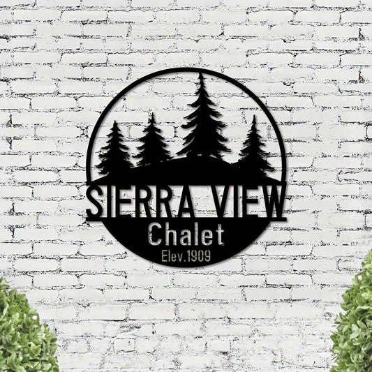 Personalized Vintage Iron Pine Tree Wall Art from Sierra View Chalet - Custom Name Black Metal Hanging Ornament for Housewarming Gift, Decorative Outdoor Porch Wall Decor, Thanksgiving Door Sign