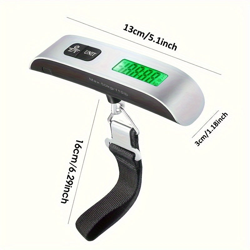 Compact and portable digital luggage scale featuring LCD display, with a 50kg/110lb capacity and metal body. Powered by button battery for accurate weighing of travel suitcases, includes battery for convenience.