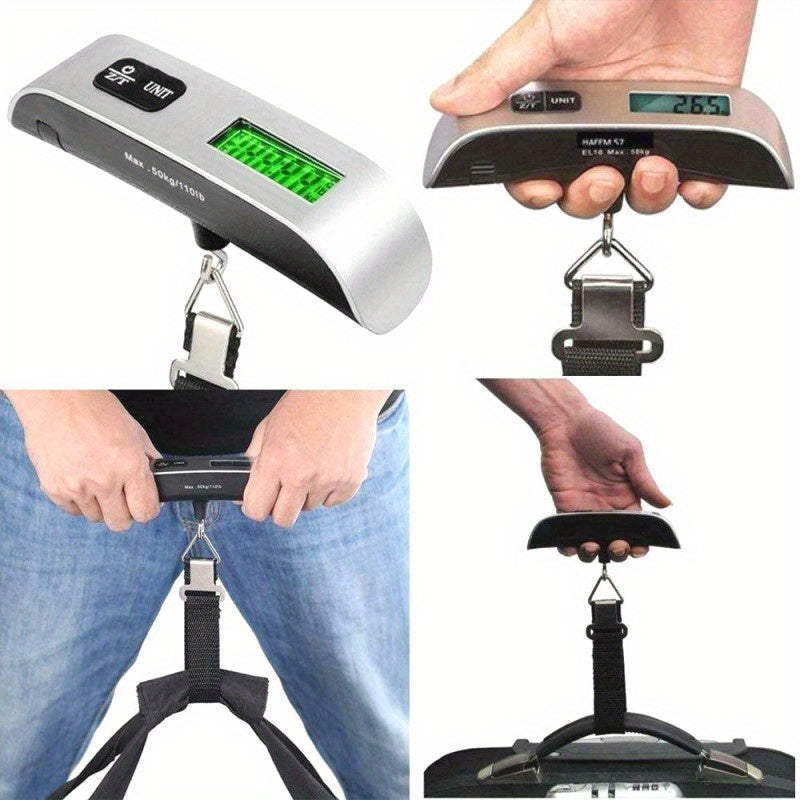 Compact and portable digital luggage scale featuring LCD display, with a 50kg/110lb capacity and metal body. Powered by button battery for accurate weighing of travel suitcases, includes battery for convenience.