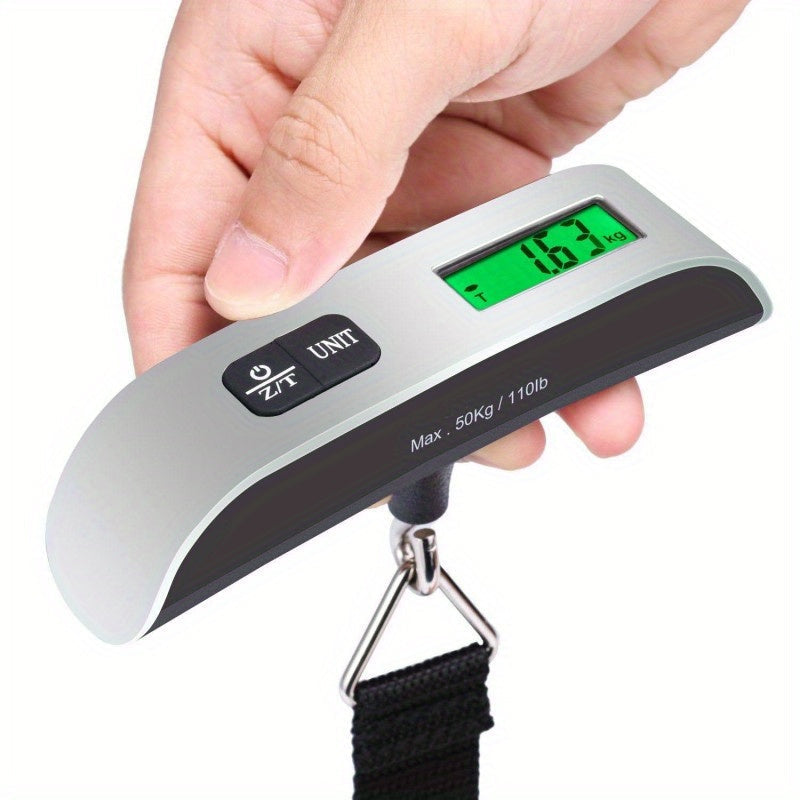 Compact and portable digital luggage scale featuring LCD display, with a 50kg/110lb capacity and metal body. Powered by button battery for accurate weighing of travel suitcases, includes battery for convenience.