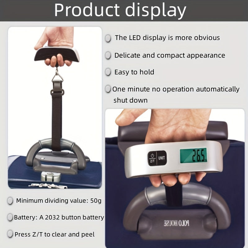 Compact and portable digital luggage scale featuring LCD display, with a 50kg/110lb capacity and metal body. Powered by button battery for accurate weighing of travel suitcases, includes battery for convenience.