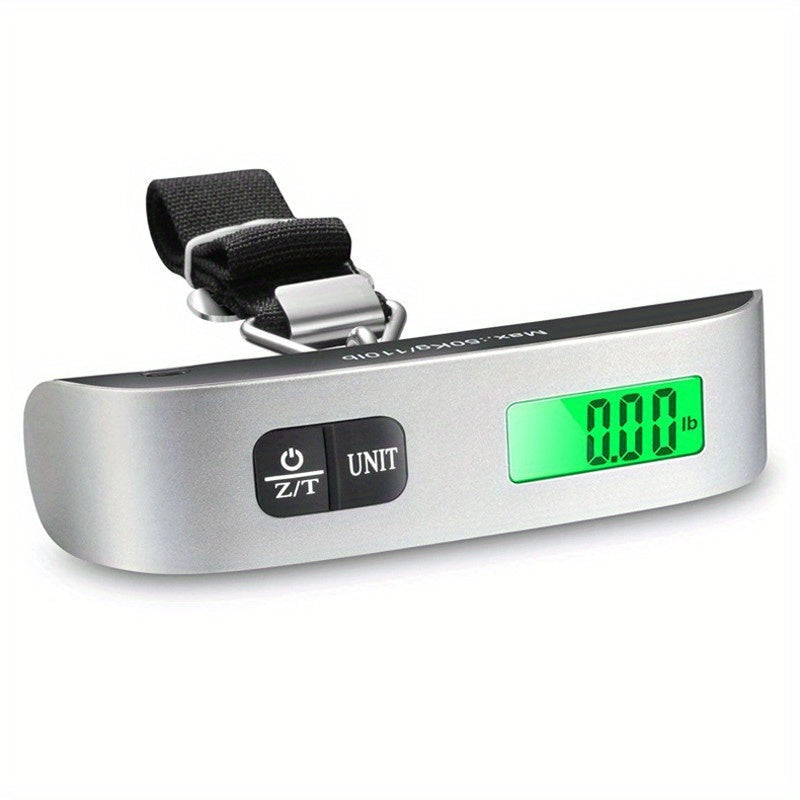 Compact and portable digital luggage scale featuring LCD display, with a 50kg/110lb capacity and metal body. Powered by button battery for accurate weighing of travel suitcases, includes battery for convenience.