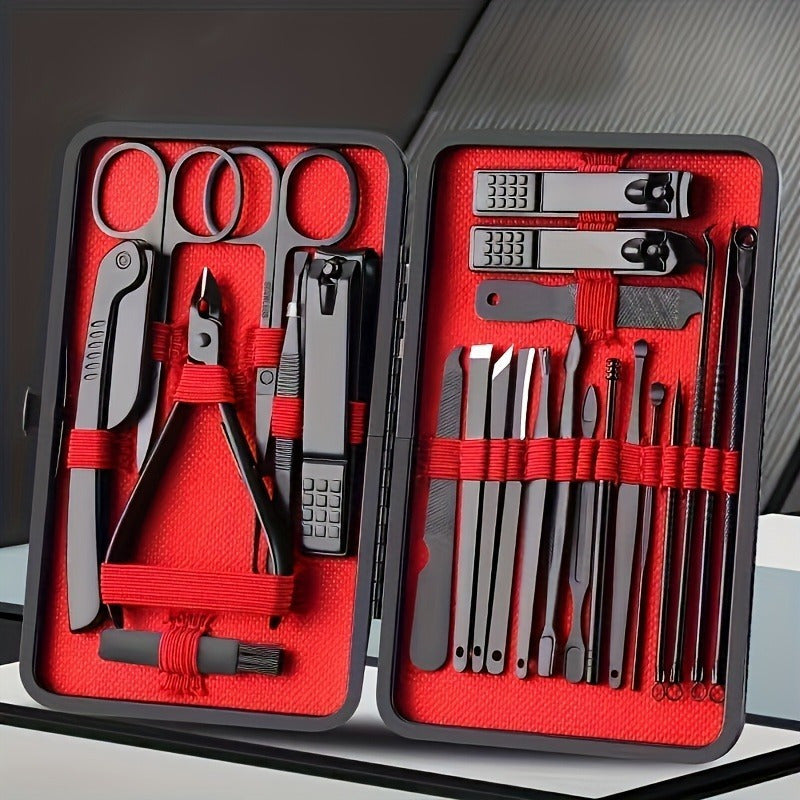 Professional quality deluxe manicure and pedicure set with ultra sharp stainless steel tools in a stylish black and red case. Perfect for achieving perfectly groomed fingernails and