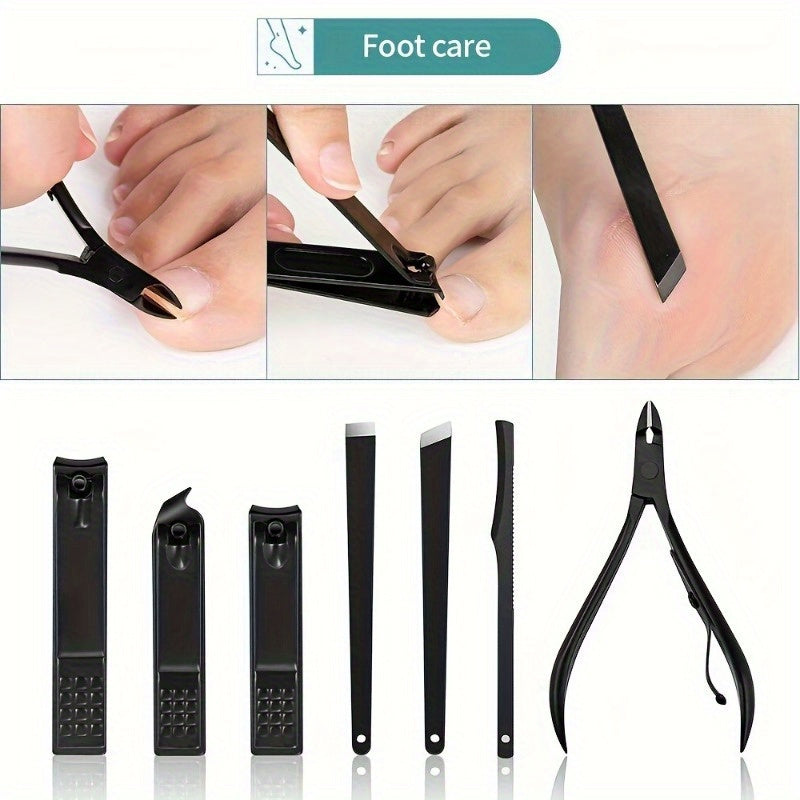 Professional quality deluxe manicure and pedicure set with ultra sharp stainless steel tools in a stylish black and red case. Perfect for achieving perfectly groomed fingernails and